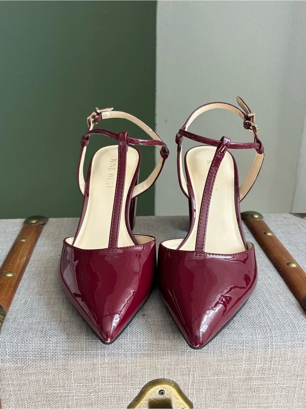 Nine West Burgundy Patent Leather T-Strap Pointed Heels